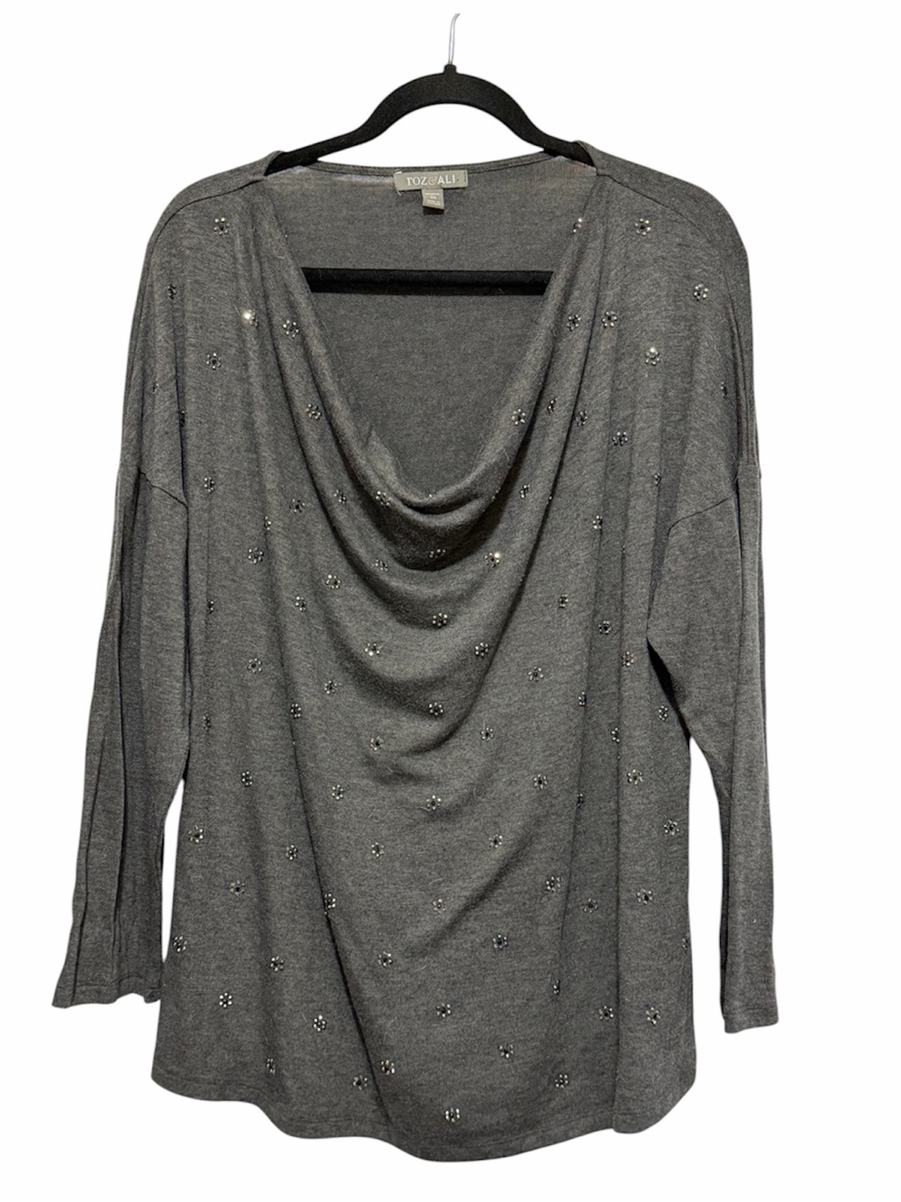 Roz & Ali Gray Embellished Draped Cowl Neck Sweater 2X